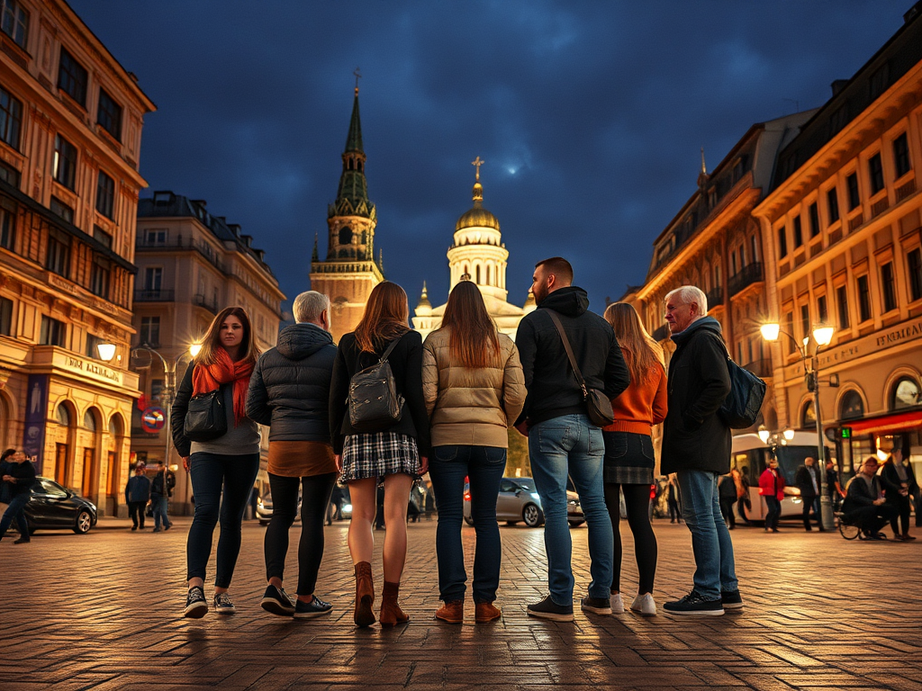 Группу людей, стоящих спиной к камере на площади, окружает вечернее освещение города.